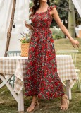 Women Summer Red Sweet Square Collar Sleeveless Floral Print Cascading Ruffle Maxi Dress