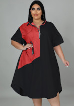 Mujer Otoño Negro Casual Turn-down Collar Medias mangas Bloqueo de color Cremalleras Midi Loose Plus Size Vestido informal