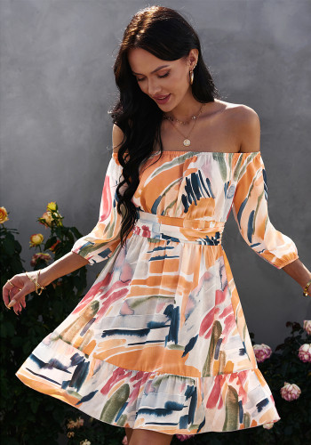 Women Summer Orange Romantic Off-the-shoulder Half Sleeves Printed Lace Up Knee-Length A-line Holiday Dress