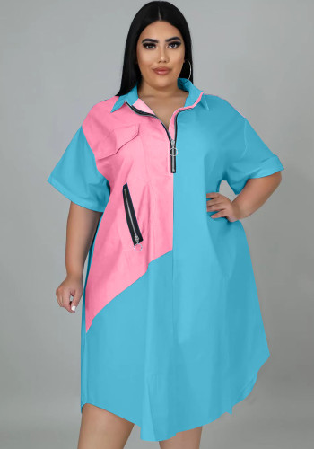 Donne blu casual colletto rovesciato mezze maniche cerniere a blocchi di colore midi allentato plus size vestito casual