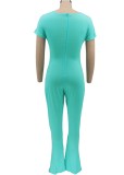 Women Summer Blue Casual V-neck Short Sleeves Solid Full Length Regular Jumpsuit