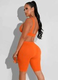 Women Summer Orange Casual V-neck Sleeveless High Waist Solid Skinny Two Piece Shorts Set