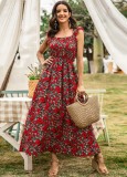 Women Summer Red Sweet Square Collar Sleeveless Floral Print Cascading Ruffle Maxi Dress