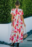 Women Summer Red Modest V-neck Short Sleeves Floral Print Belted Maxi Dress