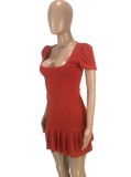 Women Summer Red Cute Square Collar Puff Sleeve Solid Pleated Mini Sheath Club Dress