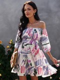 Women Summer Purple Romantic Off-the-shoulder Half Sleeves Printed Lace Up Knee-Length A-line Holiday Dress