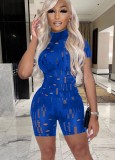 Women Summer Blue Casual Turtleneck Short Sleeves Solid Hollow Out Above Knee Regular Rompers