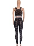 Women Summer Black Sexy Strap Sleeveless High Waist Floral Print Lace Skinny Two Piece Pants Set