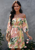 Women Summer Pink Romantic Off-the-shoulder Half Sleeves Printed Lace Up Knee-Length A-line Holiday Dress