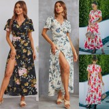 Women Summer Black Modest V-neck Short Sleeves Floral Print Belted Maxi Dress