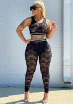 Kadın Yaz Siyah Seksi Askı Kolsuz Yüksek Bel Çiçek Baskı Dantel Sıska Iki Parçalı Pantolon Seti