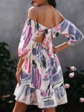 Women Summer Purple Romantic Off-the-shoulder Half Sleeves Printed Lace Up Knee-Length A-line Holiday Dress