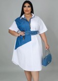 Women Autumn White Casual Turn-down Collar Half Sleeves Color Blocking Zippers Midi Loose Plus Size Casual Dress