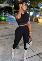 Kadın Yaz Siyah Rahat O-Boyun Kısa Kollu Yüksek Bel Katı Sıska Iki Parçalı Pantolon Seti