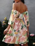 Women Summer Pink Romantic Off-the-shoulder Half Sleeves Printed Lace Up Knee-Length A-line Holiday Dress