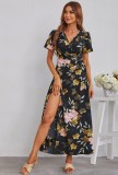 Women Summer Black Modest V-neck Short Sleeves Floral Print Belted Maxi Dress