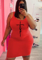 Frauen Sommer Rot Casual Strap Ärmelloses Letter Print Knielang Gerade Plus Size Casual Dress