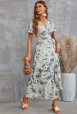 Women Summer Blue Modest V-neck Short Sleeves Floral Print Belted Maxi Dress