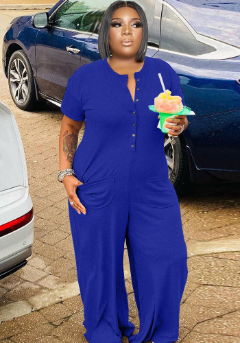 Frauen Sommer Blau Casual O-Neck Kurze Ärmel Solide Taschen In voller Länge Lose Plus Size Jumpsuit