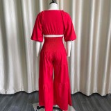 Women Spring Red Casual V-neck Half Sleeves High Waist Solid Cascading Ruffle Loose Plus Size Two Piece Pants Set