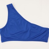 Women Summer Blue Sexy Slash Neck Sleeveless High Waist Solid Hollow Out Skinny MidiThree Piece Skirt Set