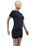 Women Summer Black Casual O-Neck Short Sleeves High Waist Solid Pockets Regular Two Piece Shorts Set