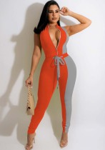 Damen Sommer Orange Casual Stehkragen Ärmellos Color Blocking Belted Full Length Regular Jumpsuit