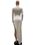 Women Summer White Sexy O-Neck Full Sleeves Solid Ripped Maxi Dress