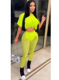 Women Summer Green Casual O-Neck Short Sleeves High Waist Solid Skinny Two Piece Pants Set