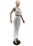 Women Summer White Modest Slash Neck Sleeveless High Waist Solid Ripped Regular MaxiTwo Piece Skirt Set