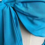 Women Spring Blue Casual V-neck Half Sleeves High Waist Solid Cascading Ruffle Loose Plus Size Two Piece Pants Set