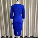 Women Spring Blue Modest O-Neck Three Quarter Sleeves Solid Rivet Midi Pencil Office Dress