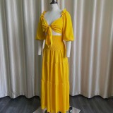 Women Spring Yellow Casual V-neck Half Sleeves High Waist Solid Cascading Ruffle Loose Plus Size Two Piece Pants Set