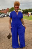 Women Summer Blue Casual O-Neck Short Sleeves Solid Pockets Full Length Loose Plus Size Jumpsuit