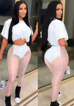 Kadın Yaz Beyaz Rahat O-Boyun Kısa Kollu Yüksek Bel Katı Sıska Iki Parçalı Pantolon Seti