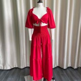 Women Spring Red Casual V-neck Half Sleeves High Waist Solid Cascading Ruffle Loose Plus Size Two Piece Pants Set