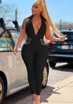 Women Summer Black Sexy V-neck Sleeveless Solid Hollow Out Full Length Skinny Jumpsuit