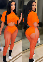 Conjunto de pantalones de dos piezas ajustados sólidos de cintura alta de manga corta con cuello redondo informal naranja de verano para mujer