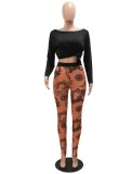 Women Summer Black Casual Off-the-shoulder Half Sleeves High Waist Animal Print Hollow Out Skinny Two Piece Pants Set