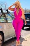 Women Summer Rose Sexy V-neck Sleeveless Solid Hollow Out Full Length Skinny Jumpsuit