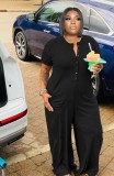 Women Summer Black Casual O-Neck Short Sleeves Solid Pockets Full Length Loose Plus Size Jumpsuit