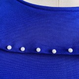 Women Spring Blue Modest O-Neck Three Quarter Sleeves Solid Rivet Midi Pencil Office Dress