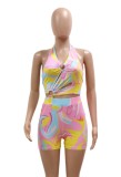 Women Summer Pink Casual Halter Sleeveless Striped Print Hollow Out Above Knee Regular Rompers