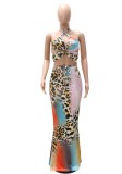 Women Summer Printed Casual Halter Sleeveless High Waist Leopard Print Lace Up Regular MidiTwo Piece Skirt Set