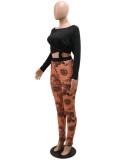 Women Summer Black Casual Off-the-shoulder Half Sleeves High Waist Animal Print Hollow Out Skinny Two Piece Pants Set