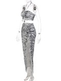 Women Summer White Sexy Halter Sleeveless High Waist Zebra pattern Bow Regular MaxiTwo Piece Skirt Set