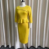 Women Spring Yellow Modest O-Neck Three Quarter Sleeves Solid Cascading Ruffle Midi Pencil Office Dress