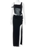Women Summer Black Sexy Strap Sleeveless High Waist Solid Regular MaxiTwo Piece Skirt Set