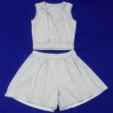 Women Summer Grey Casual V-neck Sleeveless High Waist Solid 添加其他 Regular Two Piece Shorts Set