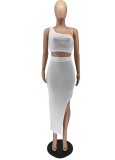 Women Summer White Modest Slash Neck Sleeveless High Waist Solid Ripped Regular MaxiTwo Piece Skirt Set